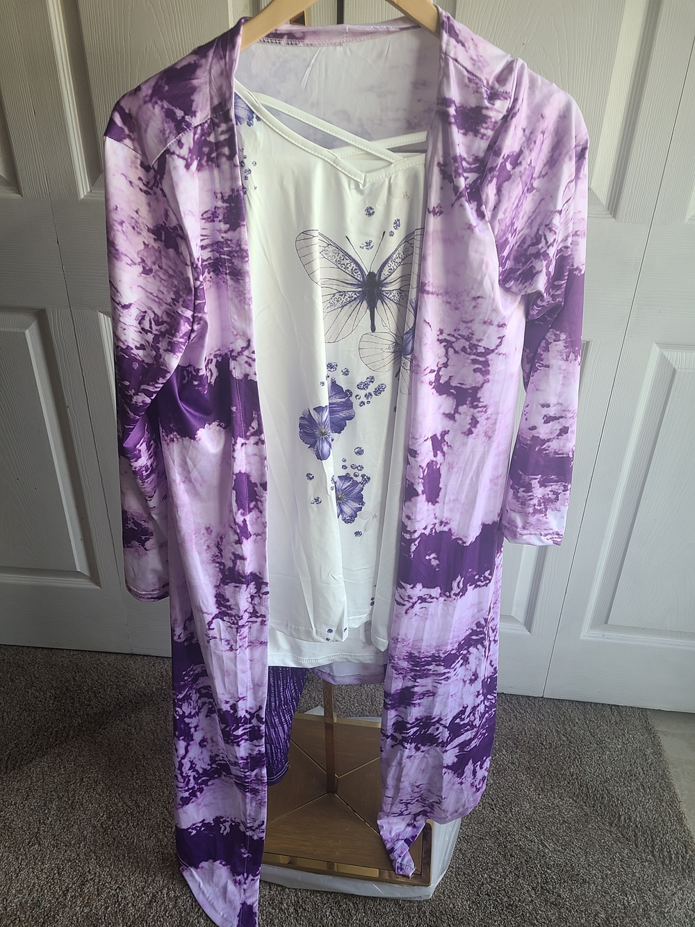 SHEIN Purple Tie-Dye Long Robe with White Butterfly Tank And Matching Pants